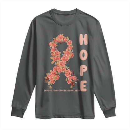 Endometrial Cancer Floral Ribbon Long Sleeve Shirt Hope Peach Ribbon Warrior