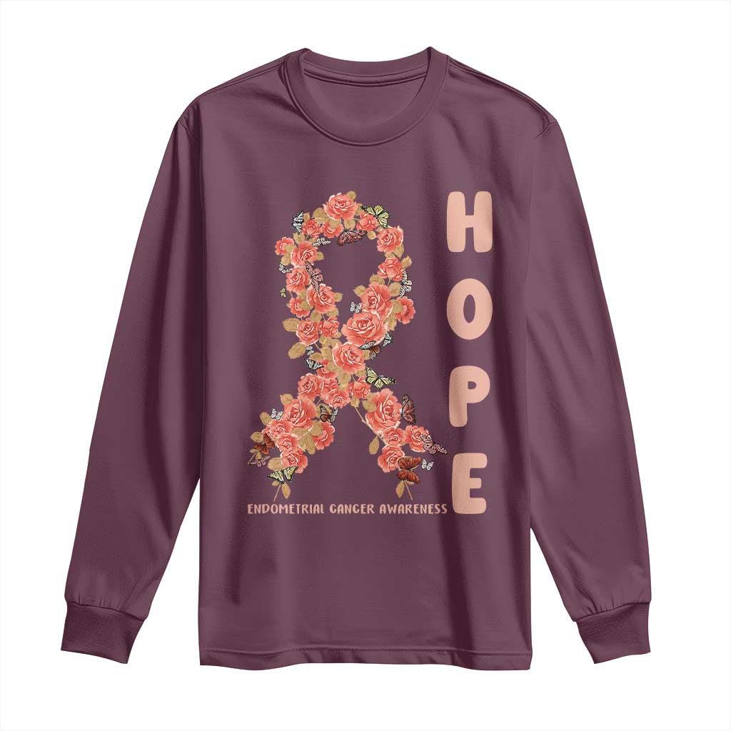 Endometrial Cancer Floral Ribbon Long Sleeve Shirt Hope Peach Ribbon Warrior