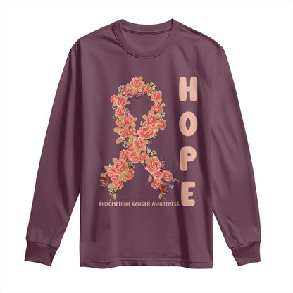 Endometrial Cancer Floral Ribbon Long Sleeve Shirt Hope Peach Ribbon Warrior