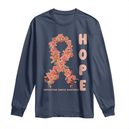 Endometrial Cancer Floral Ribbon Long Sleeve Shirt Hope Peach Ribbon Warrior