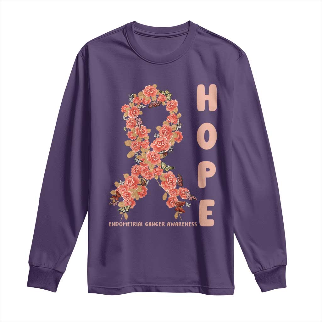 Endometrial Cancer Floral Ribbon Long Sleeve Shirt Hope Peach Ribbon Warrior