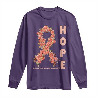 Endometrial Cancer Floral Ribbon Long Sleeve Shirt Hope Peach Ribbon Warrior