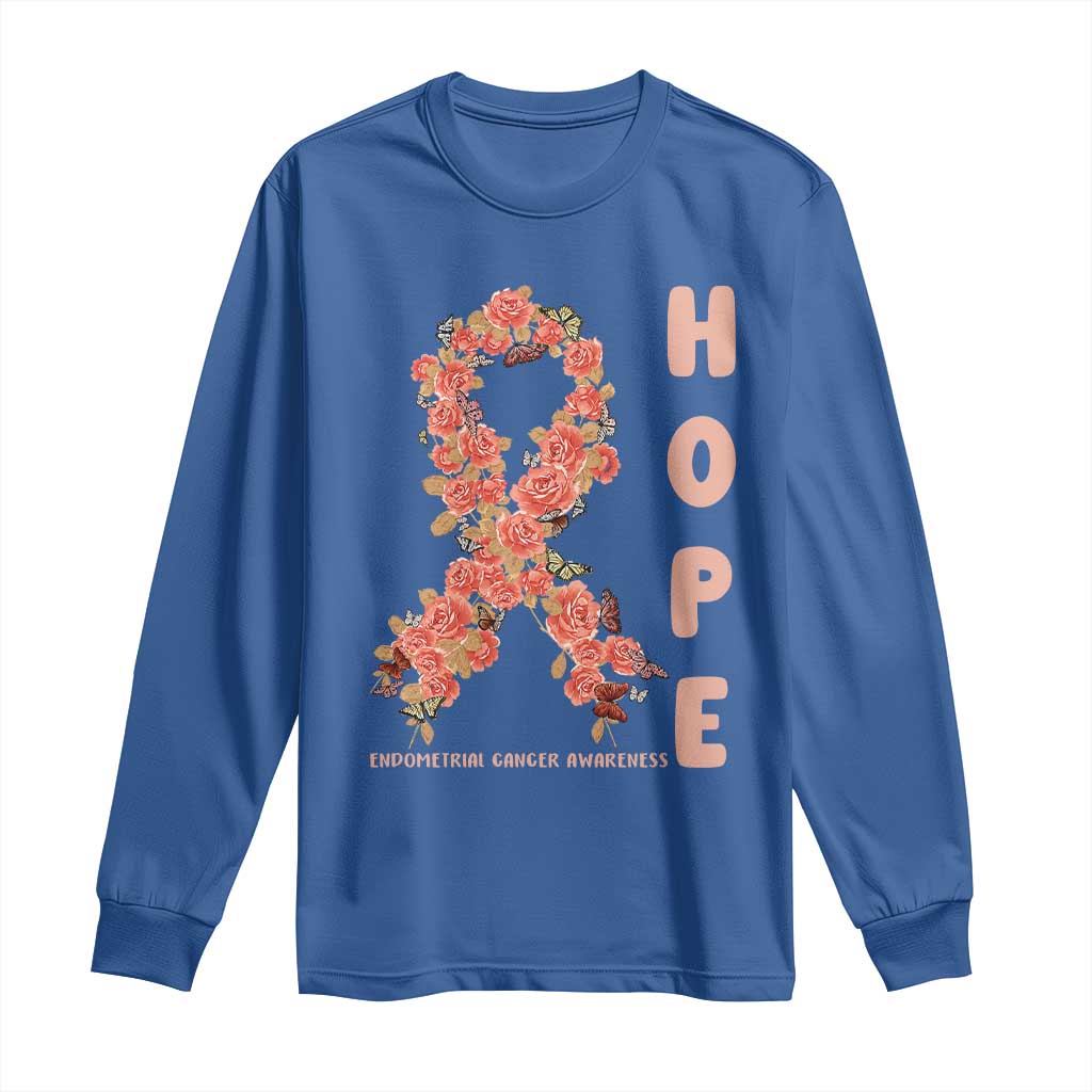 Endometrial Cancer Floral Ribbon Long Sleeve Shirt Hope Peach Ribbon Warrior