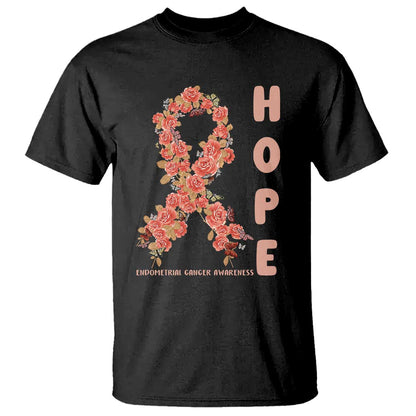Endometrial Cancer Floral Ribbon T Shirt Hope Peach Ribbon Warrior