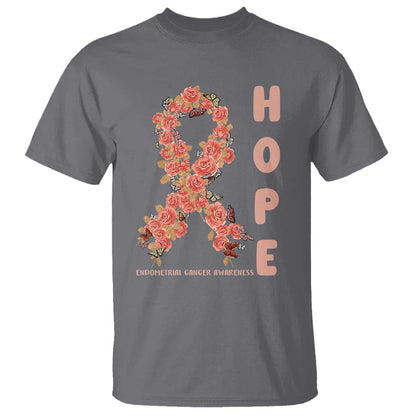 Endometrial Cancer Floral Ribbon T Shirt Hope Peach Ribbon Warrior