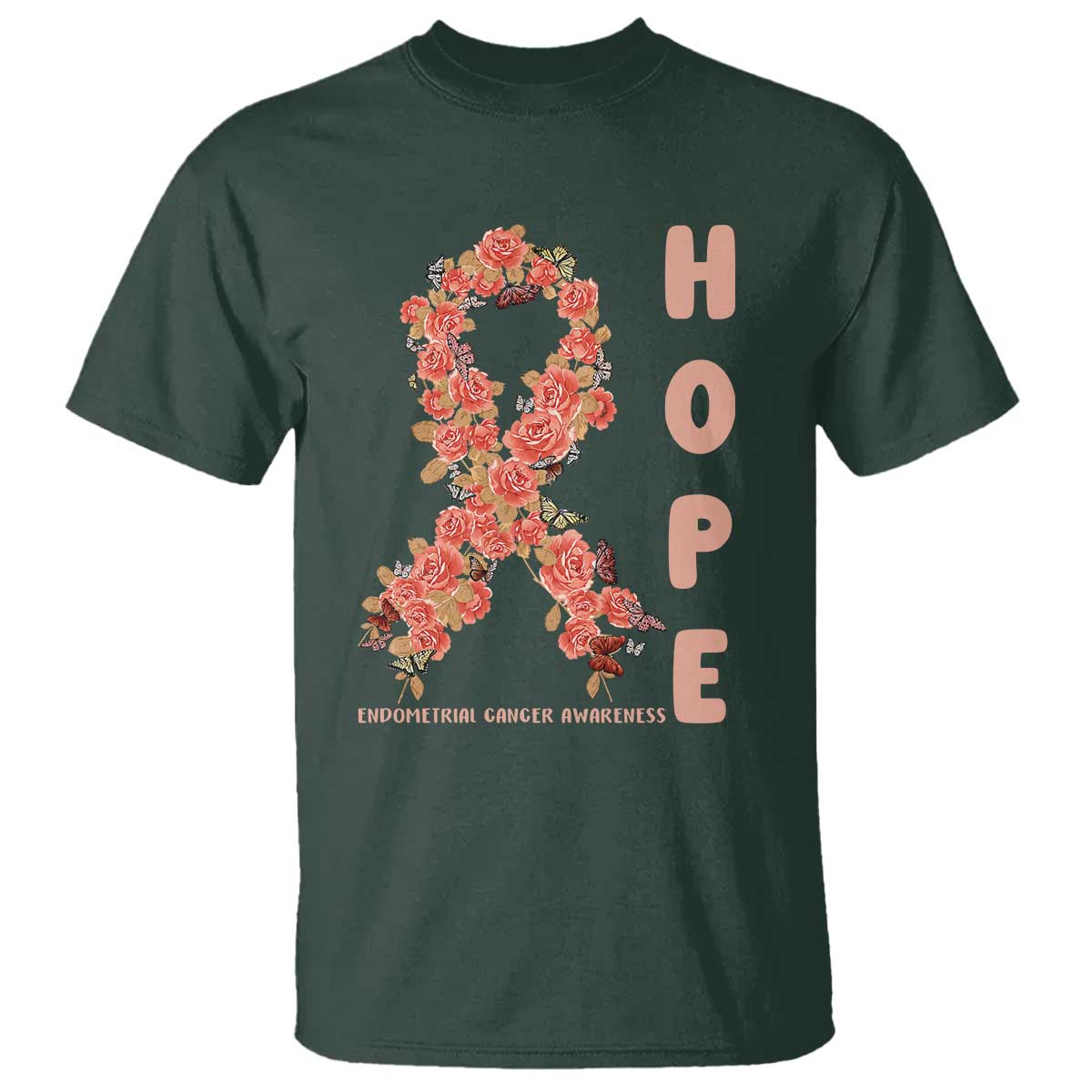 Endometrial Cancer Floral Ribbon T Shirt Hope Peach Ribbon Warrior