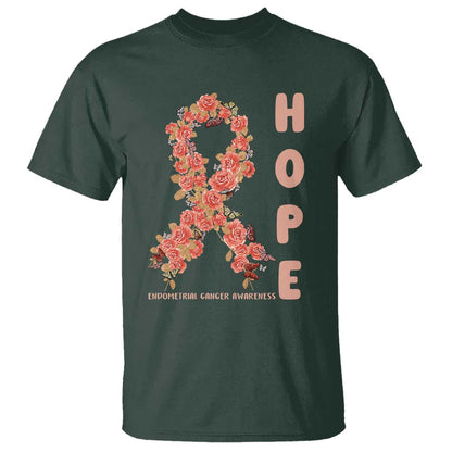 Endometrial Cancer Floral Ribbon T Shirt Hope Peach Ribbon Warrior