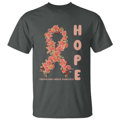 Endometrial Cancer Floral Ribbon T Shirt Hope Peach Ribbon Warrior