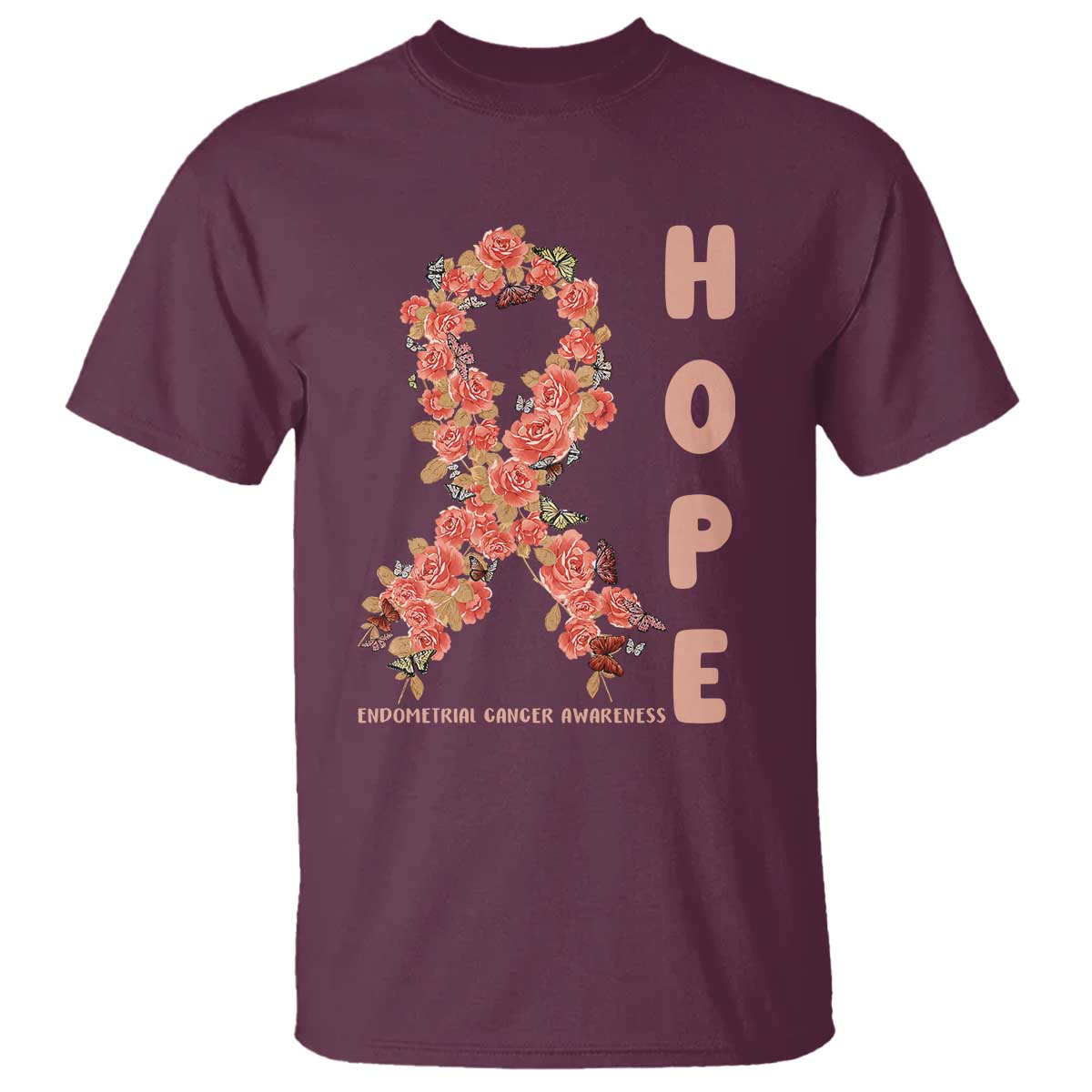 Endometrial Cancer Floral Ribbon T Shirt Hope Peach Ribbon Warrior
