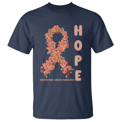 Endometrial Cancer Floral Ribbon T Shirt Hope Peach Ribbon Warrior