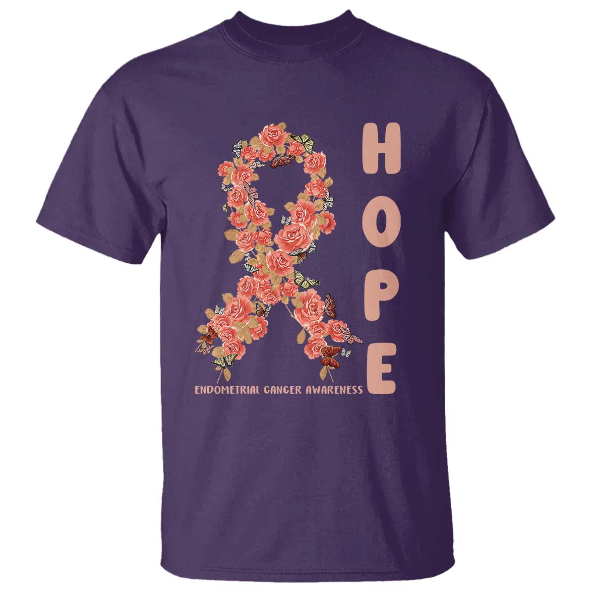 Endometrial Cancer Floral Ribbon T Shirt Hope Peach Ribbon Warrior