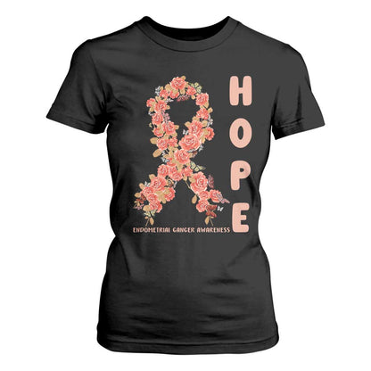 Endometrial Cancer Floral Ribbon T Shirt For Women Hope Peach Ribbon Warrior