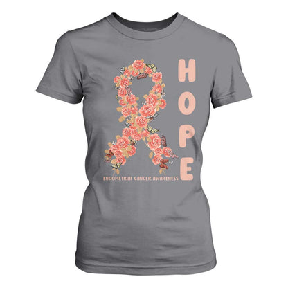 Endometrial Cancer Floral Ribbon T Shirt For Women Hope Peach Ribbon Warrior