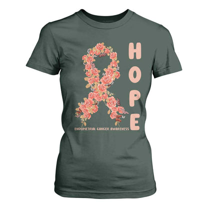 Endometrial Cancer Floral Ribbon T Shirt For Women Hope Peach Ribbon Warrior