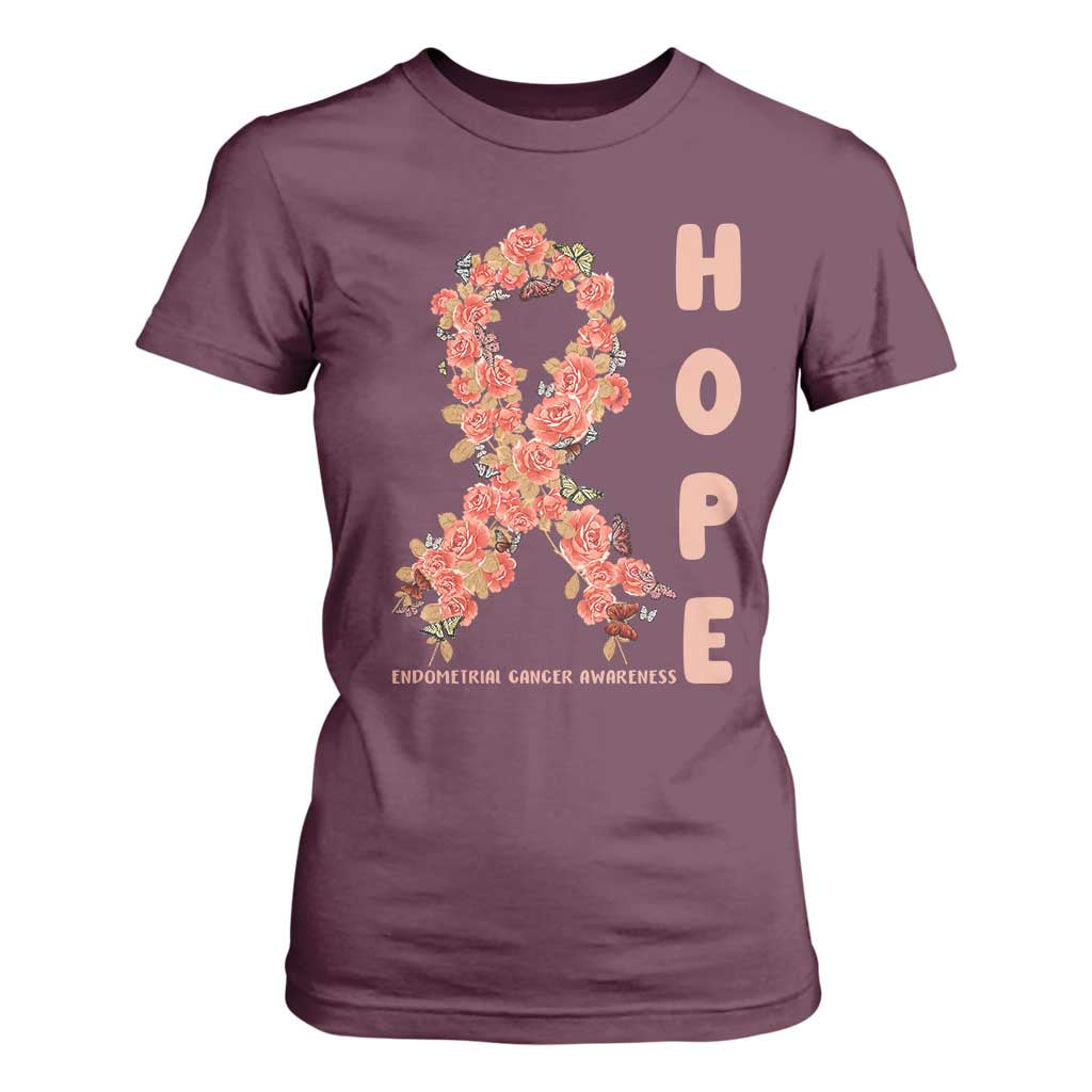 Endometrial Cancer Floral Ribbon T Shirt For Women Hope Peach Ribbon Warrior