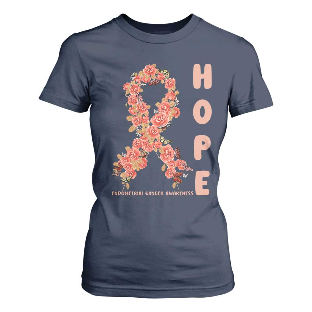 Endometrial Cancer Floral Ribbon T Shirt For Women Hope Peach Ribbon Warrior