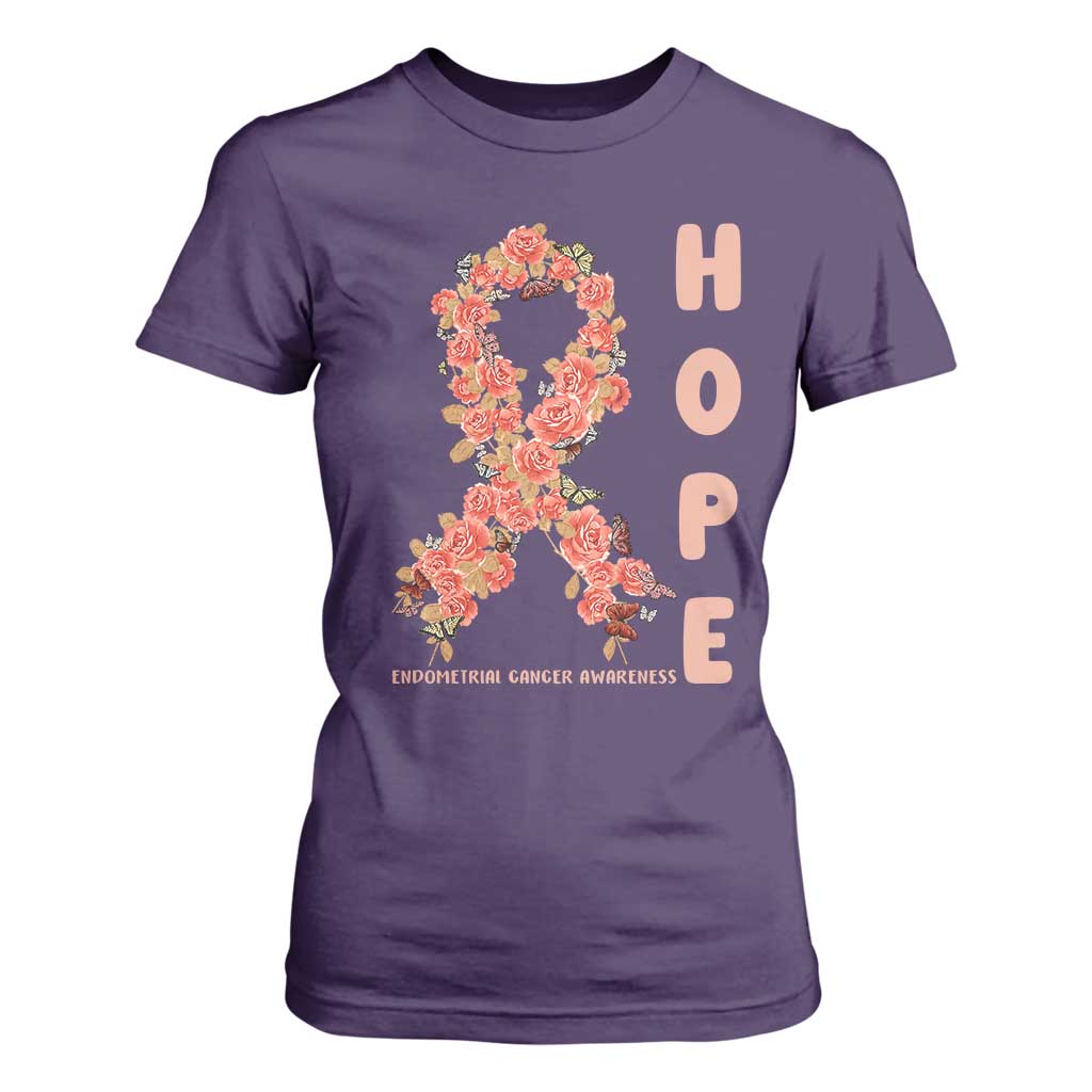 Endometrial Cancer Floral Ribbon T Shirt For Women Hope Peach Ribbon Warrior
