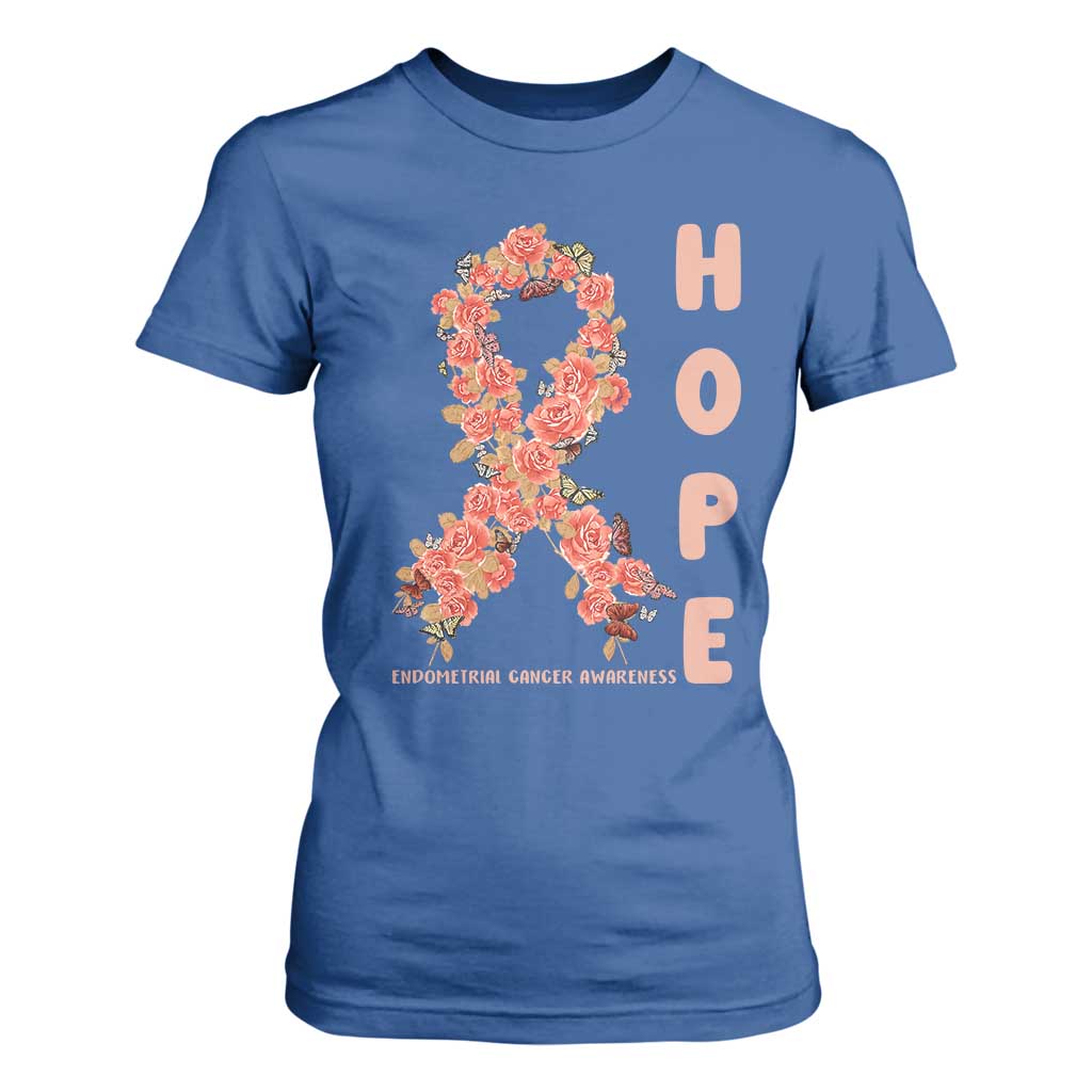 Endometrial Cancer Floral Ribbon T Shirt For Women Hope Peach Ribbon Warrior