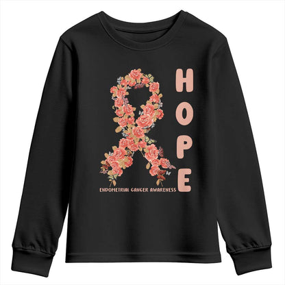 Endometrial Cancer Floral Ribbon Youth Sweatshirt Hope Peach Ribbon Warrior