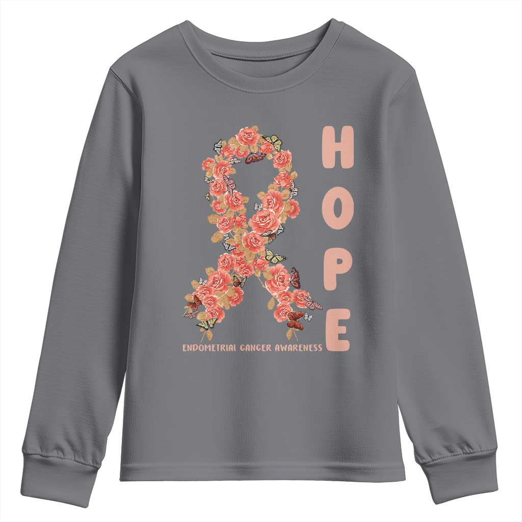 Endometrial Cancer Floral Ribbon Youth Sweatshirt Hope Peach Ribbon Warrior