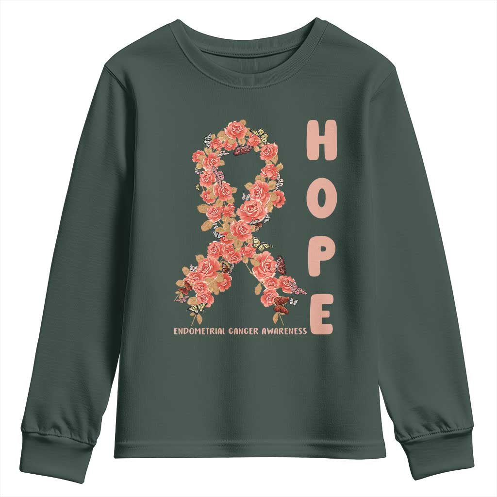 Endometrial Cancer Floral Ribbon Youth Sweatshirt Hope Peach Ribbon Warrior