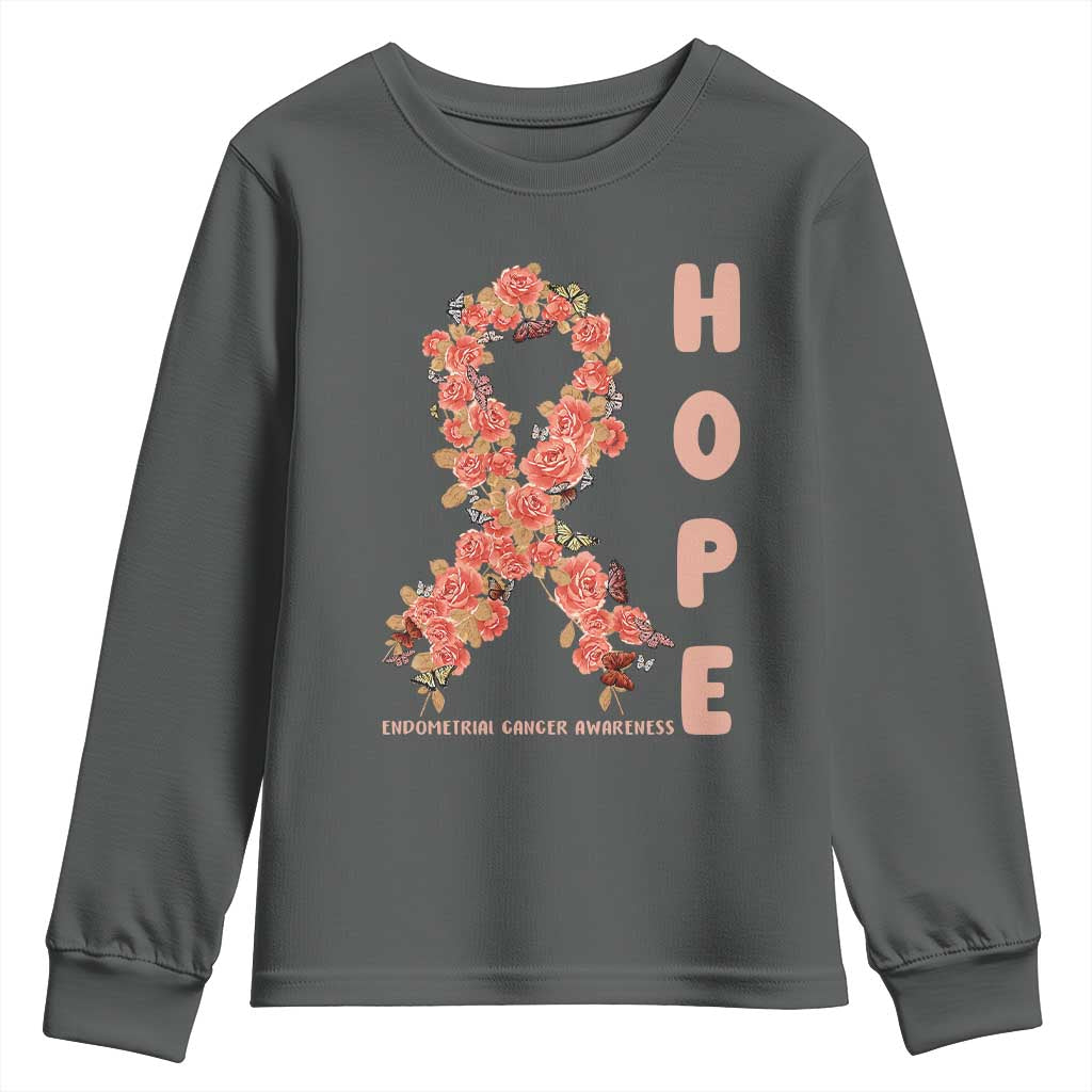 Endometrial Cancer Floral Ribbon Youth Sweatshirt Hope Peach Ribbon Warrior
