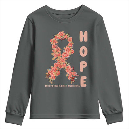 Endometrial Cancer Floral Ribbon Youth Sweatshirt Hope Peach Ribbon Warrior