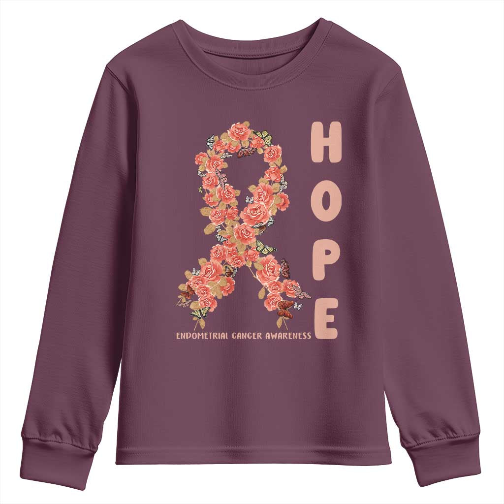 Endometrial Cancer Floral Ribbon Youth Sweatshirt Hope Peach Ribbon Warrior