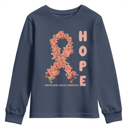 Endometrial Cancer Floral Ribbon Youth Sweatshirt Hope Peach Ribbon Warrior