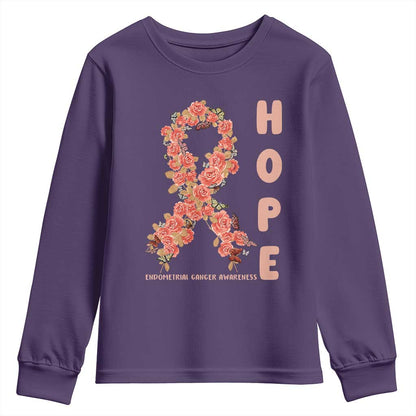 Endometrial Cancer Floral Ribbon Youth Sweatshirt Hope Peach Ribbon Warrior