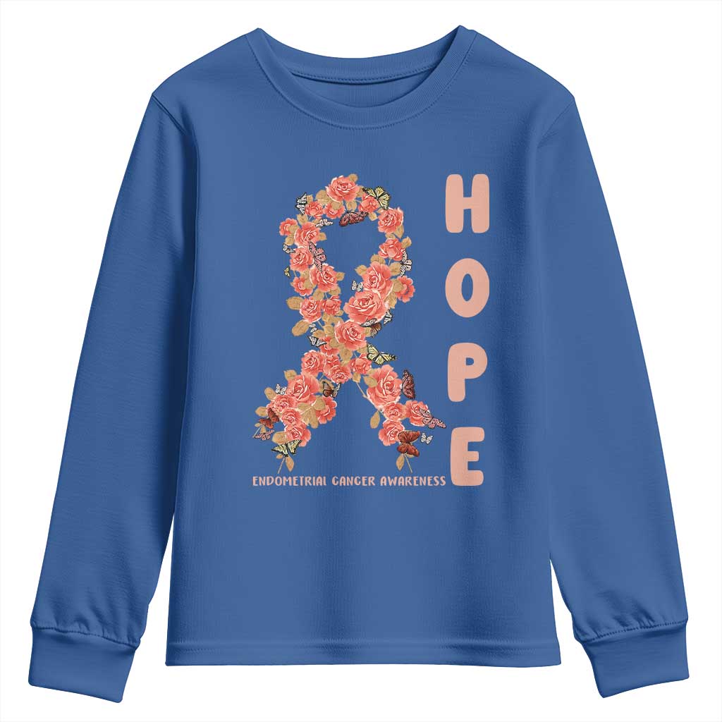 Endometrial Cancer Floral Ribbon Youth Sweatshirt Hope Peach Ribbon Warrior