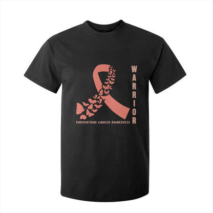 Endometrial Cancer Warrior Fighter Butterfly T Shirt For Kid Peach Ribbon Hope