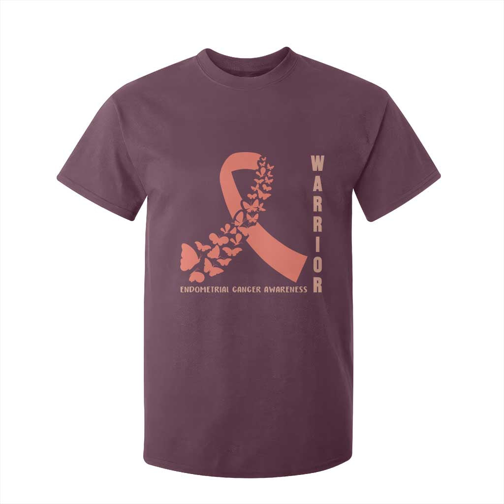Endometrial Cancer Warrior Fighter Butterfly T Shirt For Kid Peach Ribbon Hope