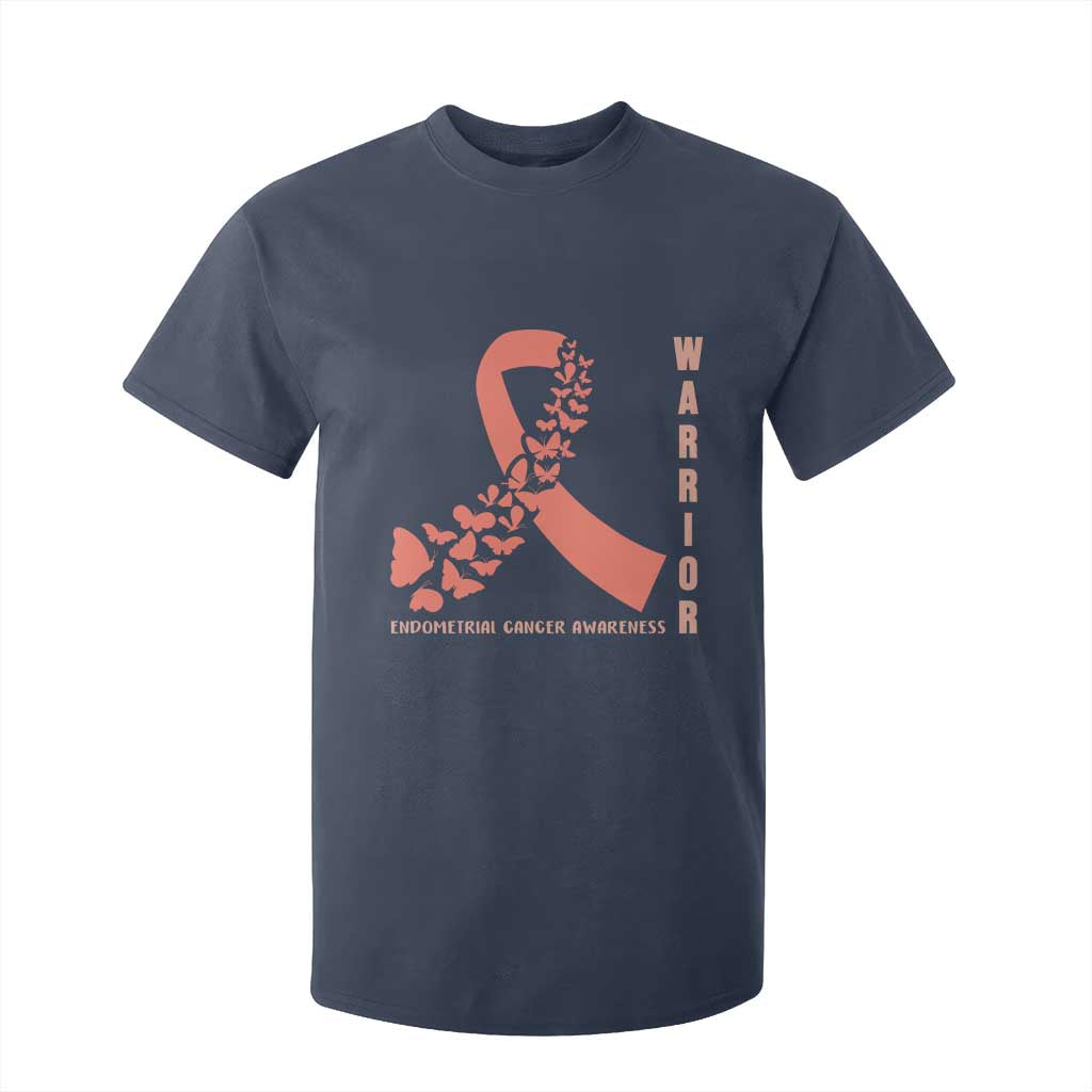 Endometrial Cancer Warrior Fighter Butterfly T Shirt For Kid Peach Ribbon Hope
