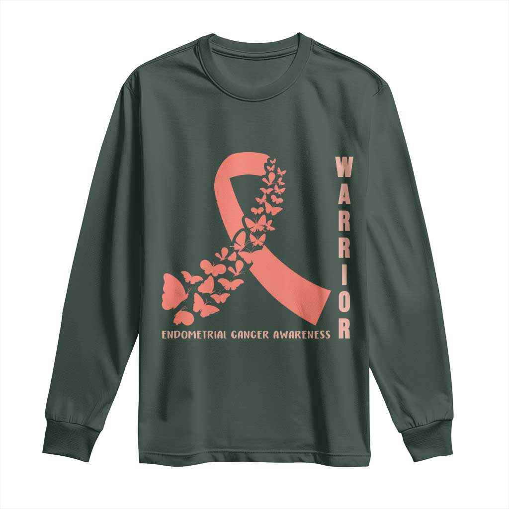 Endometrial Cancer Warrior Fighter Butterfly Long Sleeve Shirt Peach Ribbon Hope
