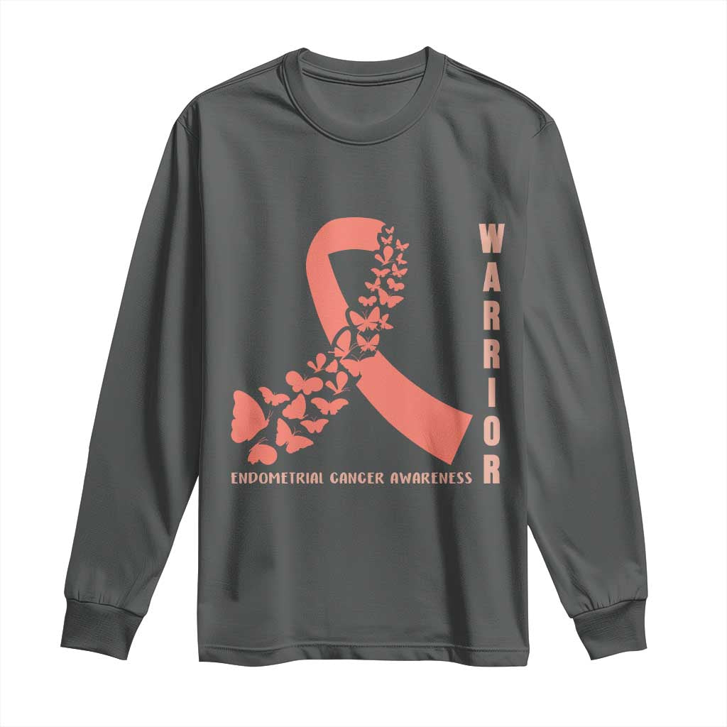 Endometrial Cancer Warrior Fighter Butterfly Long Sleeve Shirt Peach Ribbon Hope