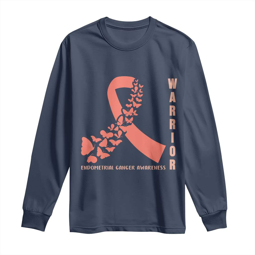 Endometrial Cancer Warrior Fighter Butterfly Long Sleeve Shirt Peach Ribbon Hope