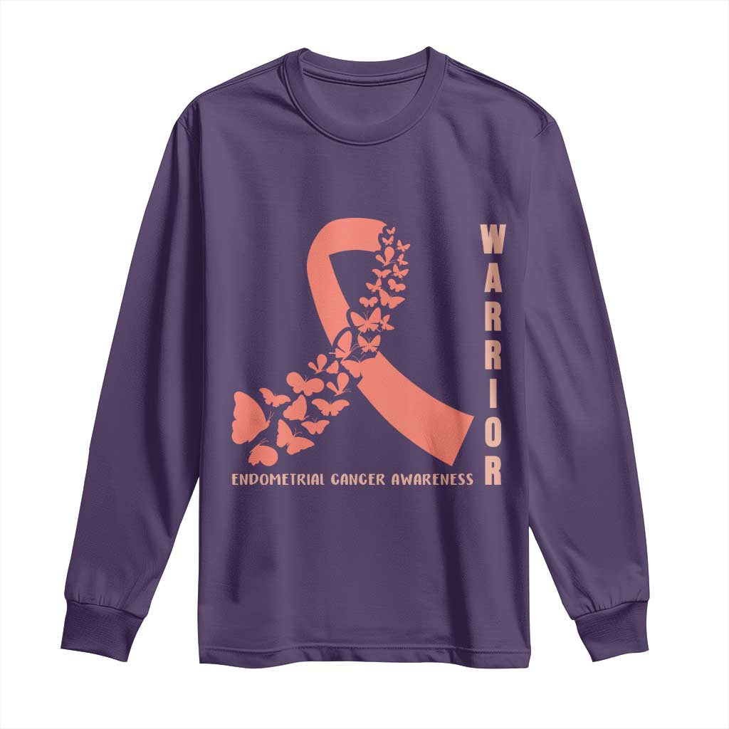 Endometrial Cancer Warrior Fighter Butterfly Long Sleeve Shirt Peach Ribbon Hope
