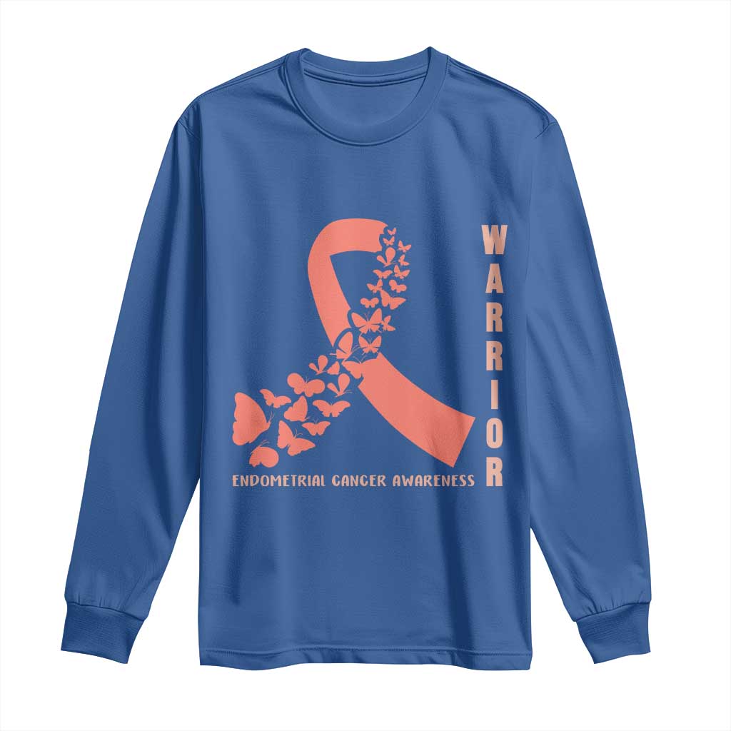 Endometrial Cancer Warrior Fighter Butterfly Long Sleeve Shirt Peach Ribbon Hope