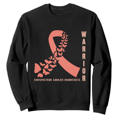 Endometrial Cancer Warrior Fighter Butterfly Sweatshirt Peach Ribbon Hope