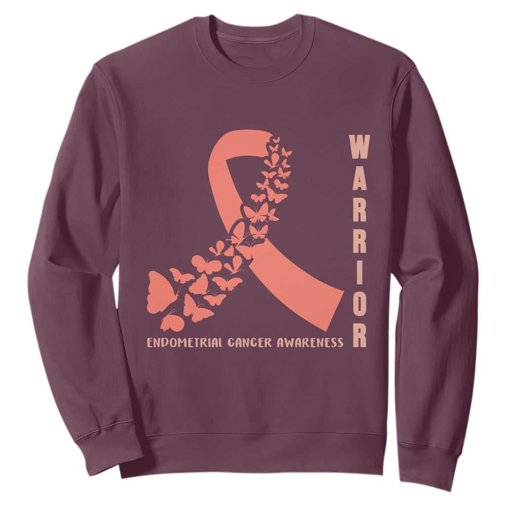 Endometrial Cancer Warrior Fighter Butterfly Sweatshirt Peach Ribbon Hope