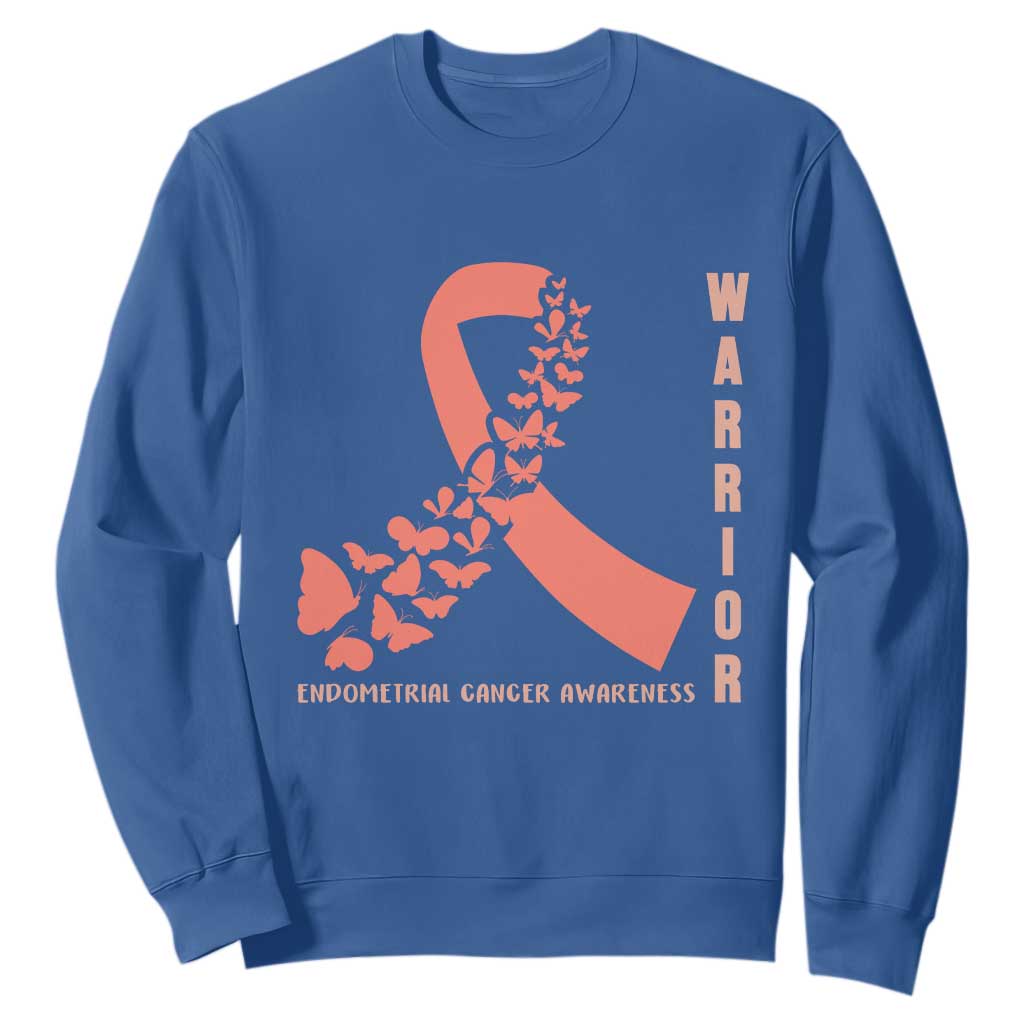 Endometrial Cancer Warrior Fighter Butterfly Sweatshirt Peach Ribbon Hope