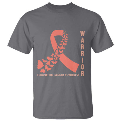 Endometrial Cancer Warrior Fighter Butterfly T Shirt Peach Ribbon Hope