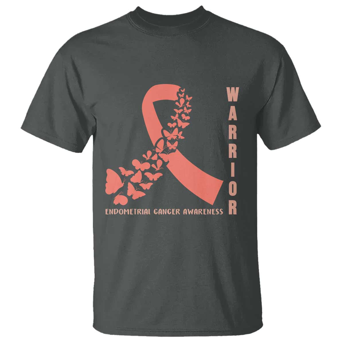 Endometrial Cancer Warrior Fighter Butterfly T Shirt Peach Ribbon Hope