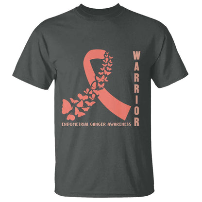 Endometrial Cancer Warrior Fighter Butterfly T Shirt Peach Ribbon Hope