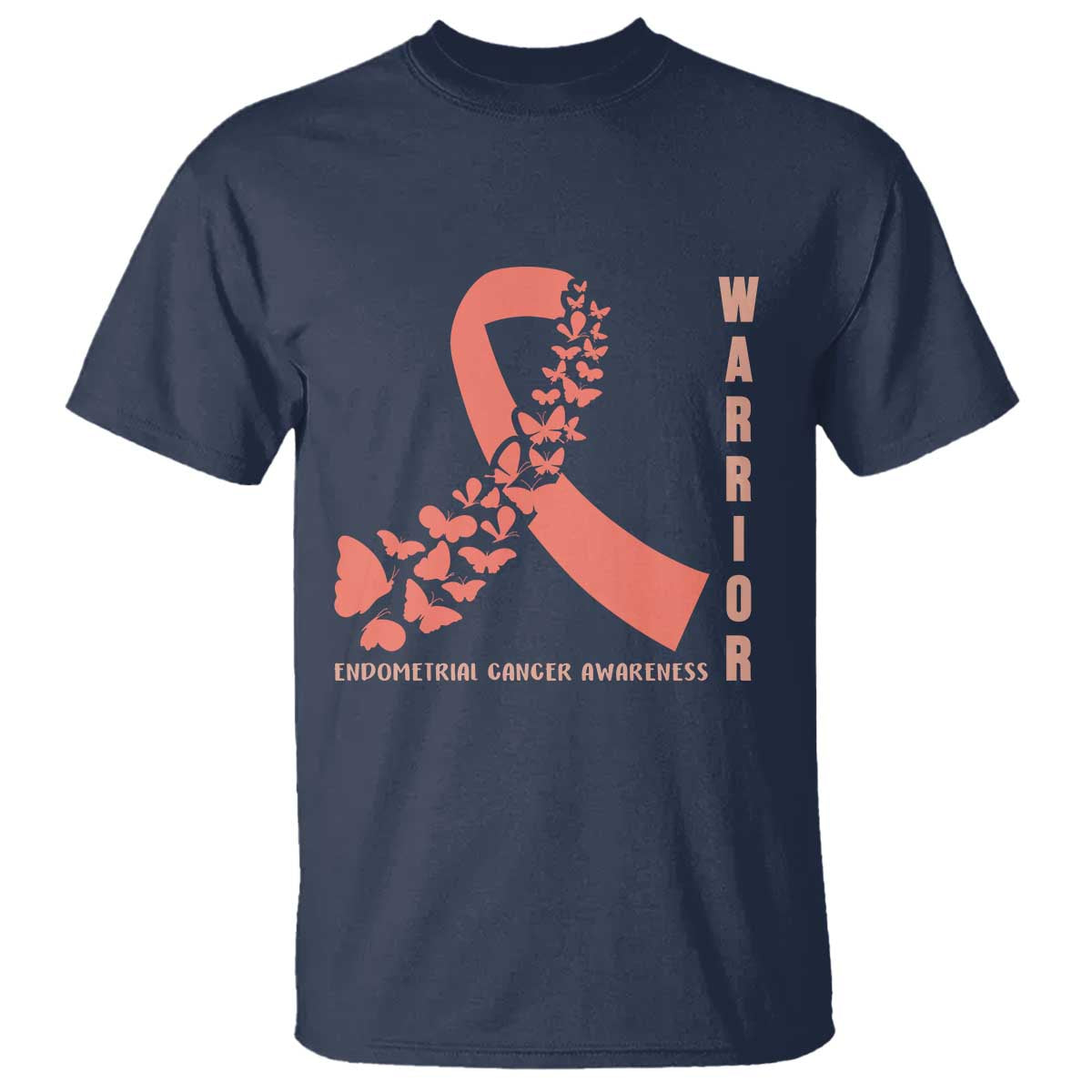 Endometrial Cancer Warrior Fighter Butterfly T Shirt Peach Ribbon Hope