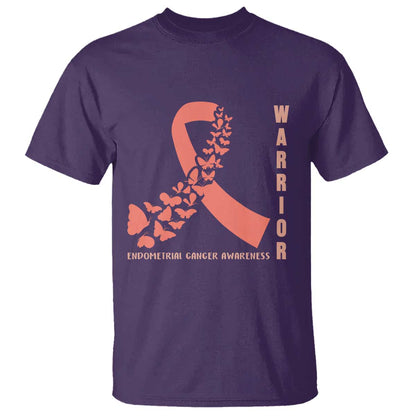 Endometrial Cancer Warrior Fighter Butterfly T Shirt Peach Ribbon Hope