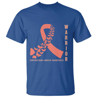 Endometrial Cancer Warrior Fighter Butterfly T Shirt Peach Ribbon Hope
