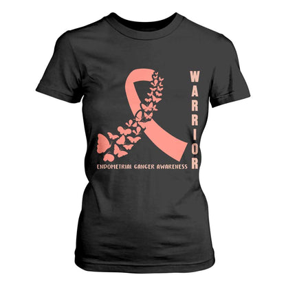 Endometrial Cancer Warrior Fighter Butterfly T Shirt For Women Peach Ribbon Hope