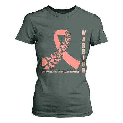 Endometrial Cancer Warrior Fighter Butterfly T Shirt For Women Peach Ribbon Hope